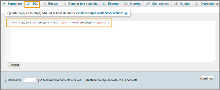 cambiar la contraseña de wordpress mysql