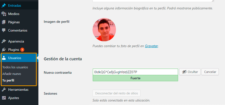 cambiar la contraseña desde el perfil de usuario