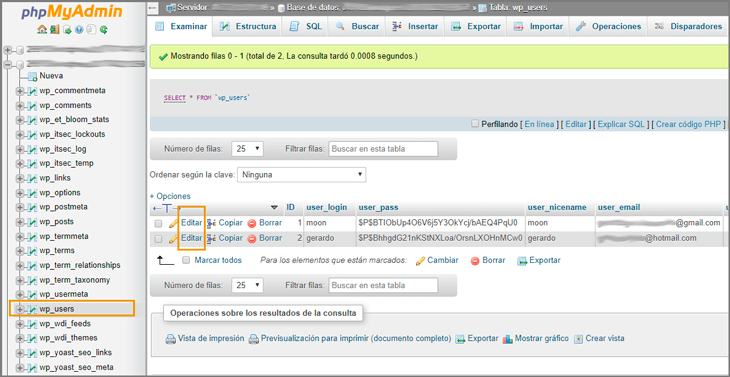 cambiar la contraseña de wordpress desde la base de datos