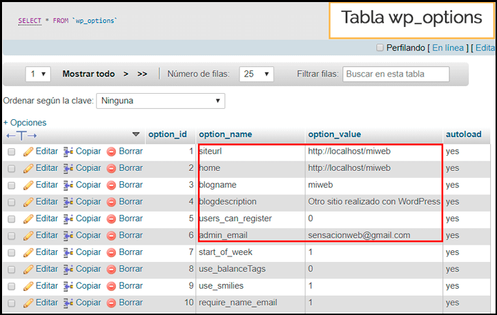 tabla wp options de wordpress en phpmyadmin
